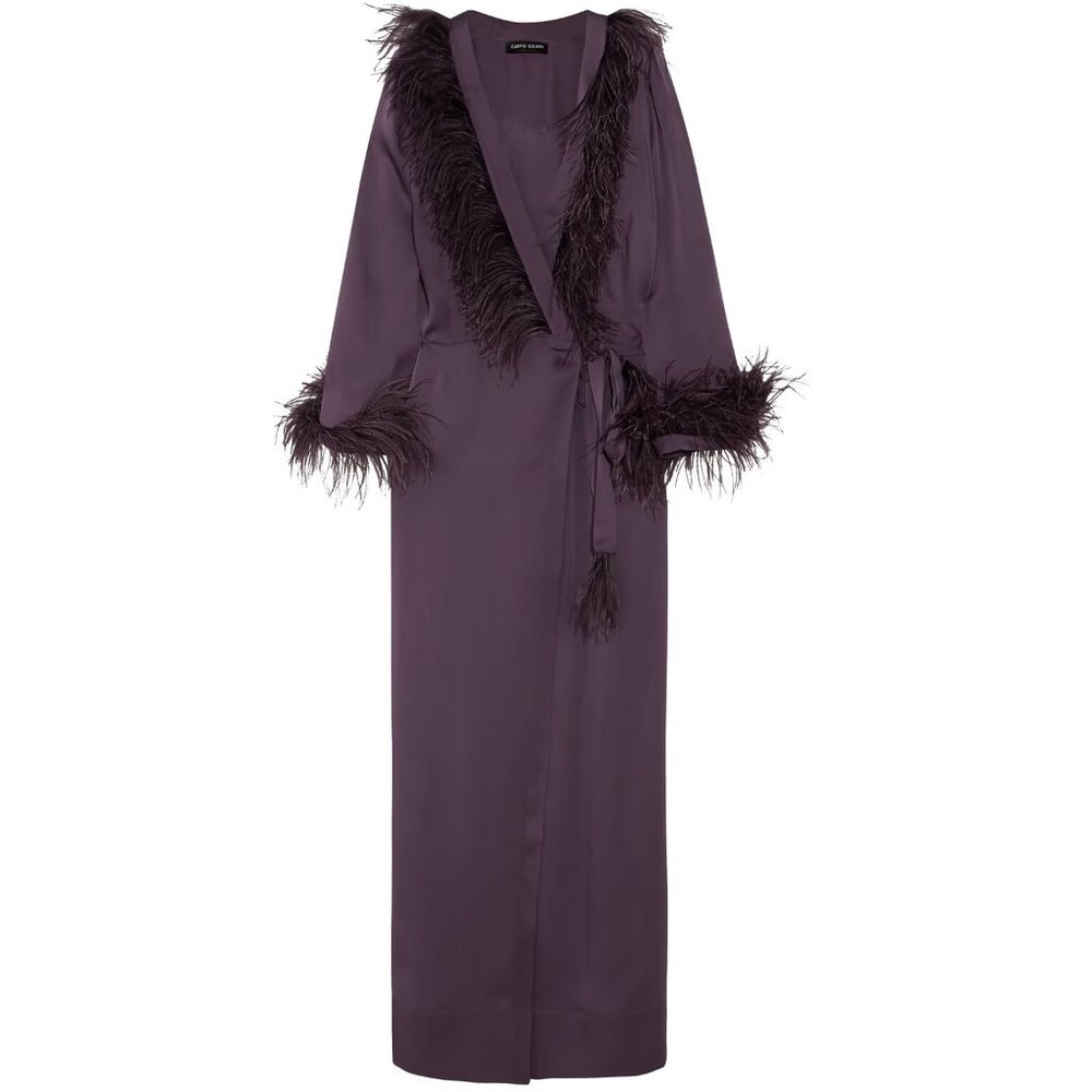 Carine Gilson New Feather Trimmed Silk Satin Robe Purple XL